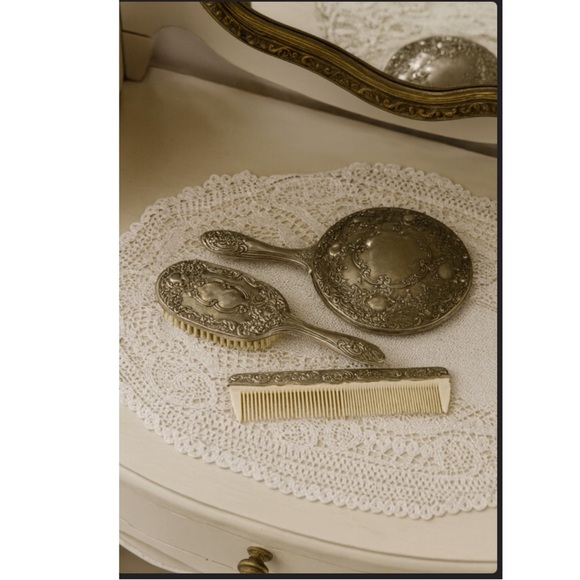 Accessories - Vintage Victorian Silver Ornate Repousse’ Vanity Mirror, Brush, and Comb Set